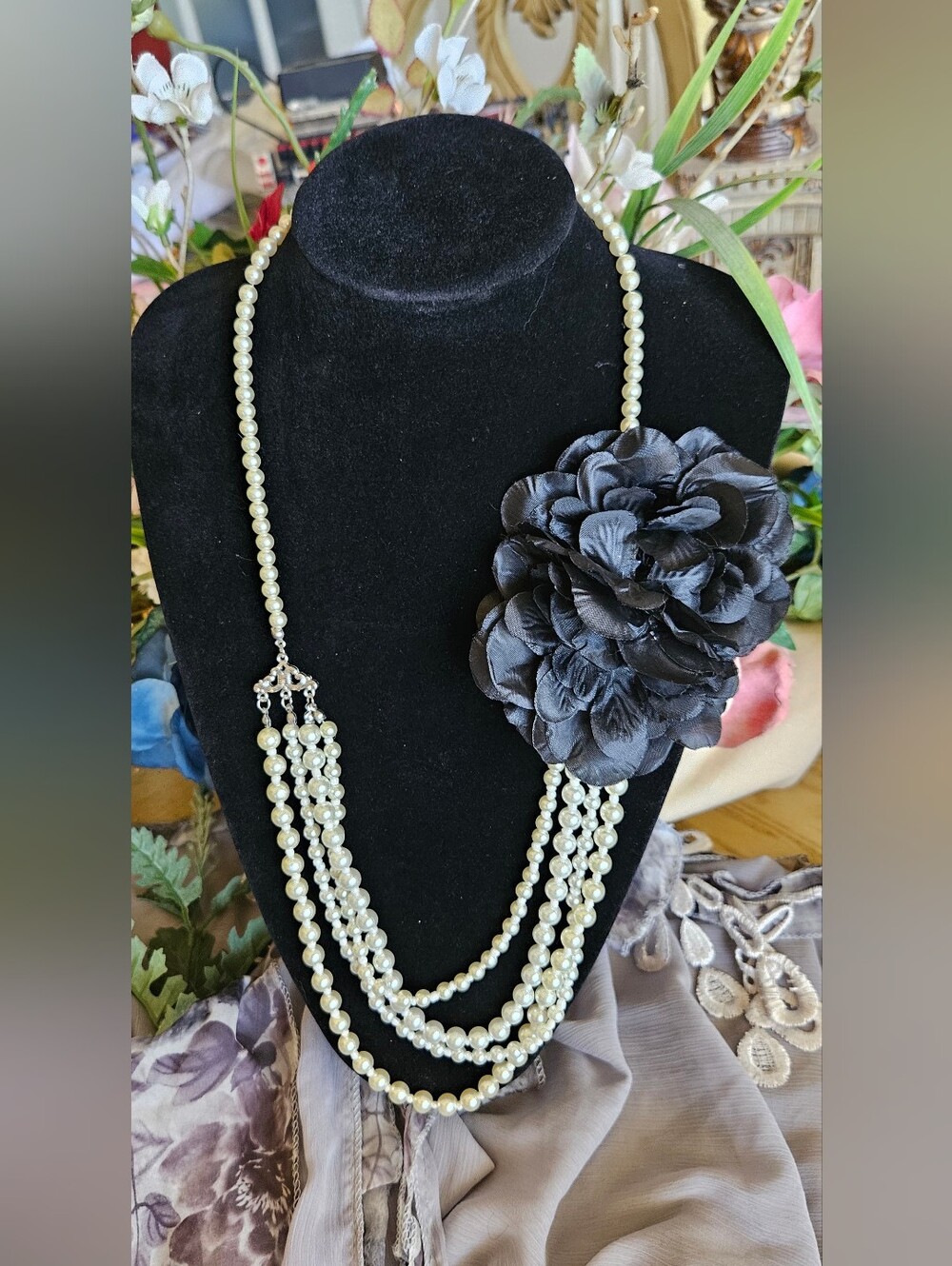 Vintage Style Multi-Strand Faux Pearl Necklace with Black Fabric Flower Corsage
